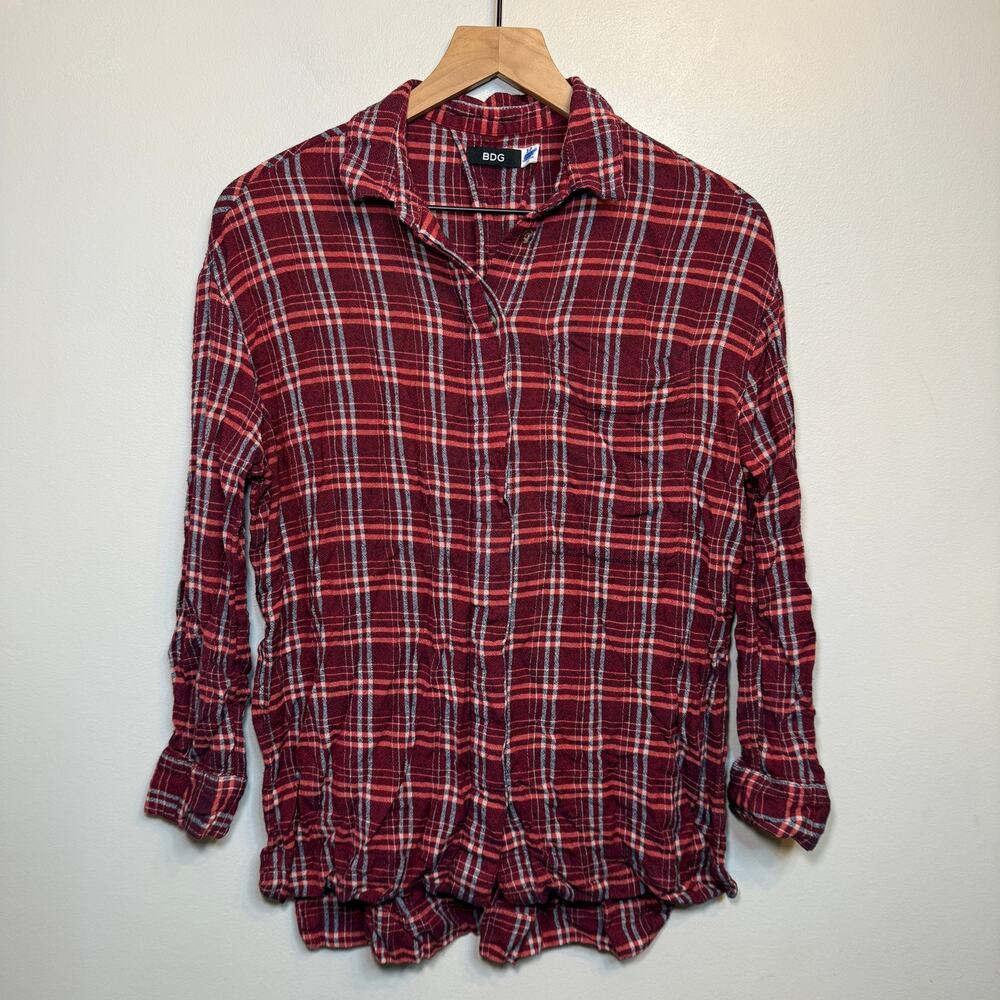 BDG Women's Button Plaid Flannel Tunic Shirt Maroon Red Size Small